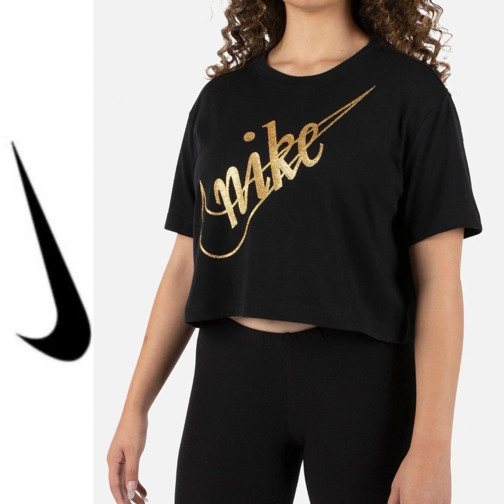 Nike 🖤💛Black Cropped Tee with Metallic Gold Script logo